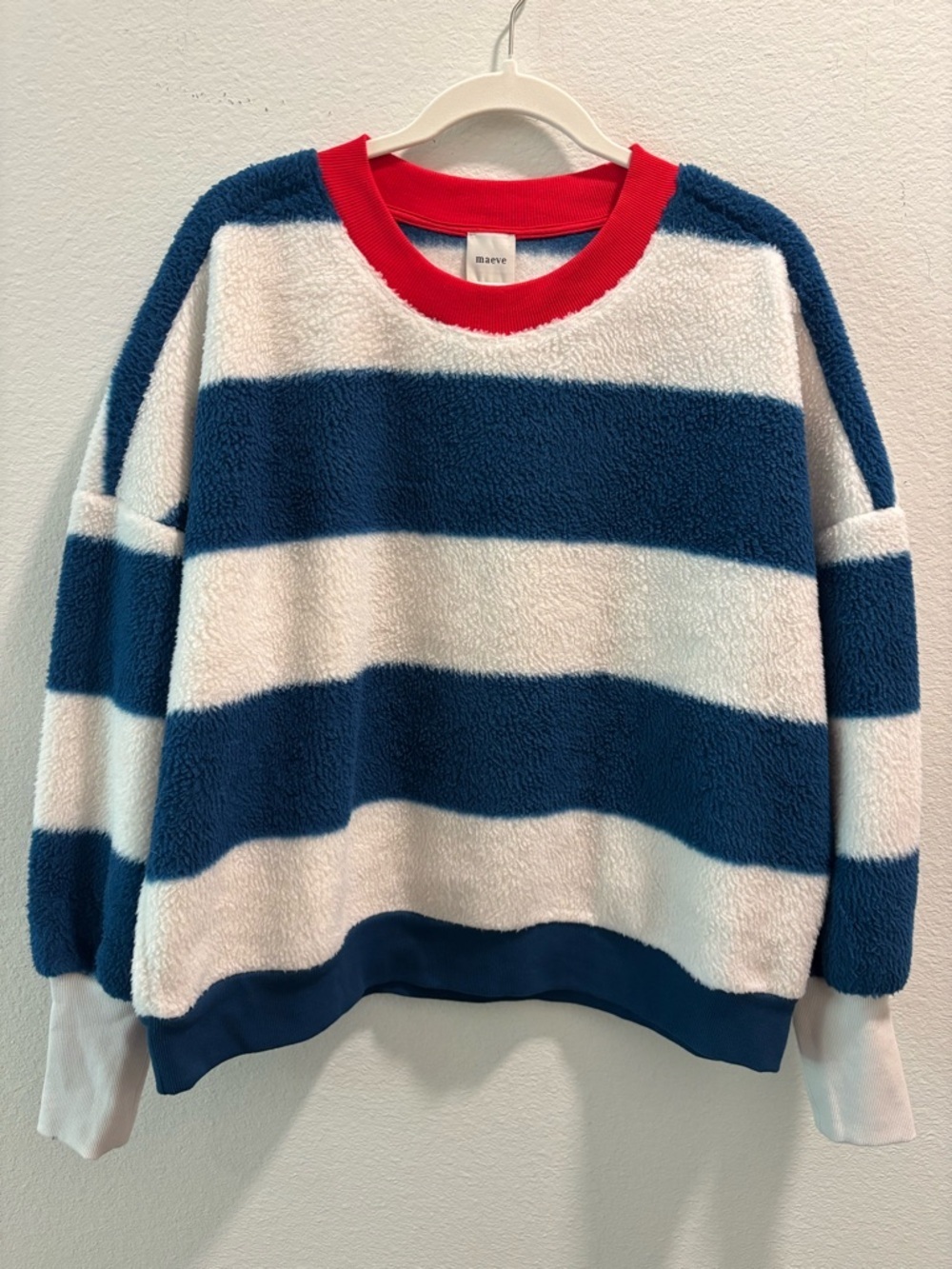 NWT Maeve Cotton Striped Sherpa Pullover - Navy, White & Red Trim, size S